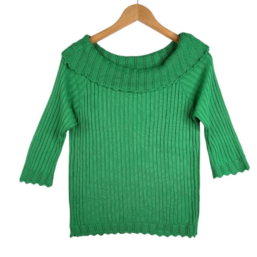 Steven Edwards Green Ribbed Portrait Collar Pointelle Sweater Size M Made in USA